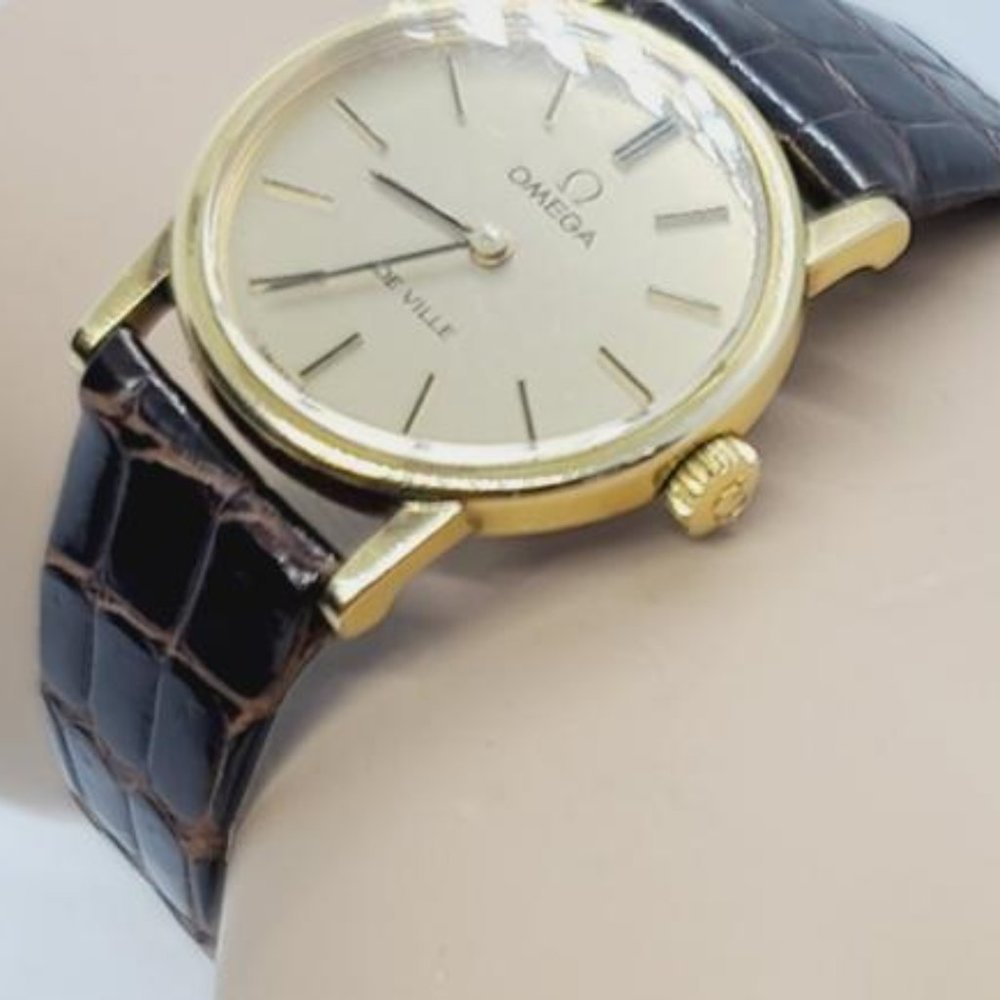 Omega De Ville Gold Dial Watch with Dark Brown Leather Strap